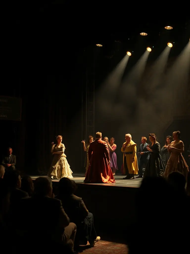 A dynamic image of a CAP NANAS community theatre performance, showing actors in costume on stage, delivering a captivating performance to an engaged audience.