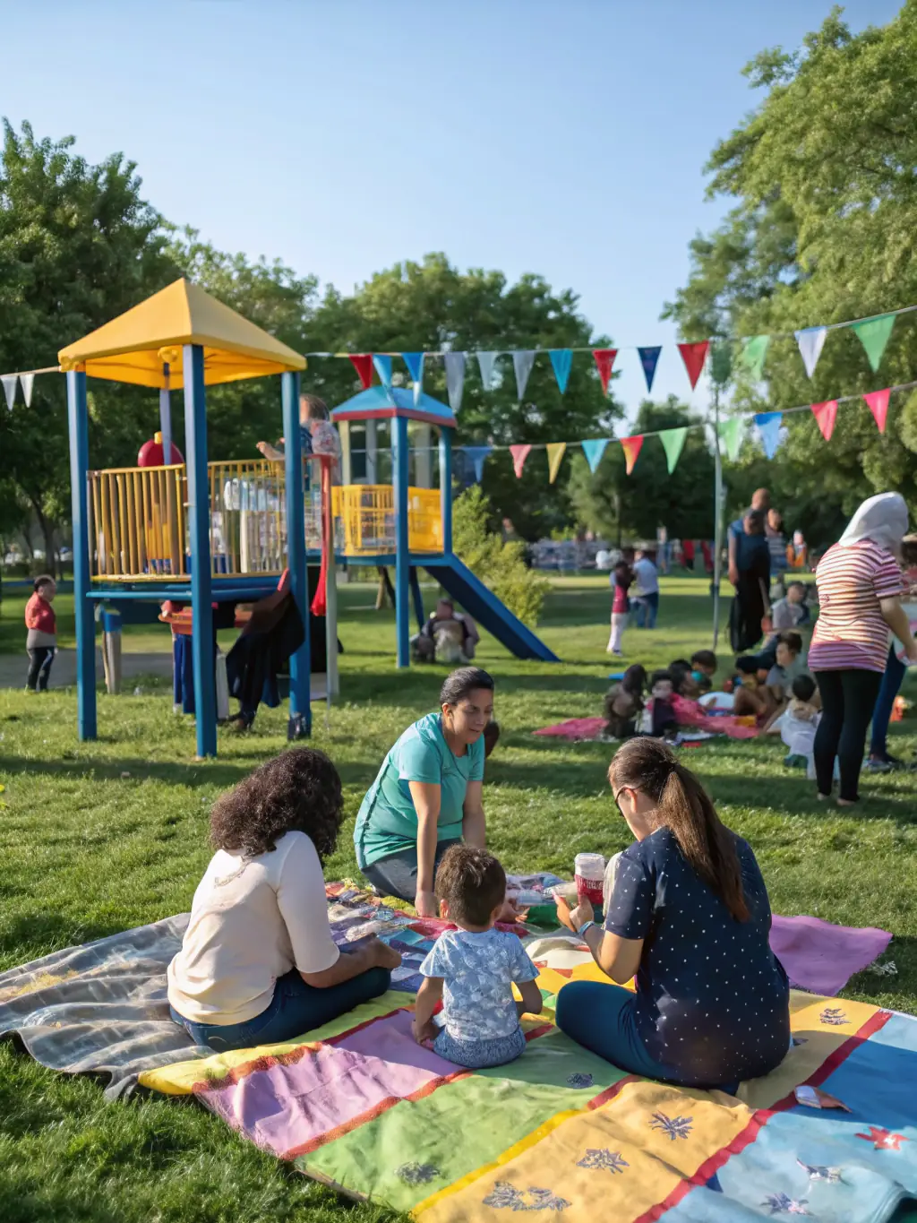 A photograph of a CAP NANAS community outreach event, showing actors interacting with children and families in a local park.