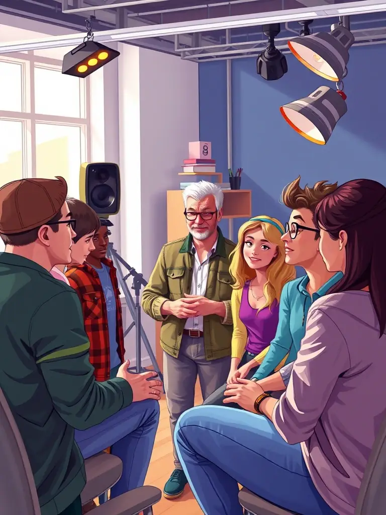 A vibrant image of participants actively engaged in a CAP NANAS acting workshop, showcasing enthusiastic individuals learning stage presence and character development techniques.